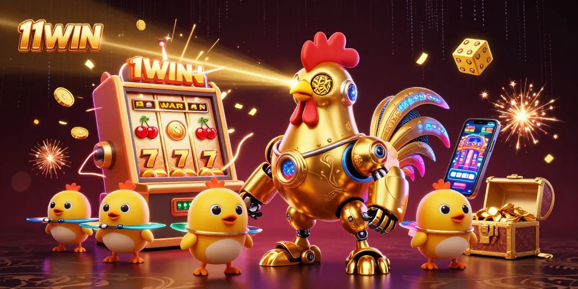 Experience the thrill of 11WIN with a vibrant scene of a golden rooster robot and casino symbols.