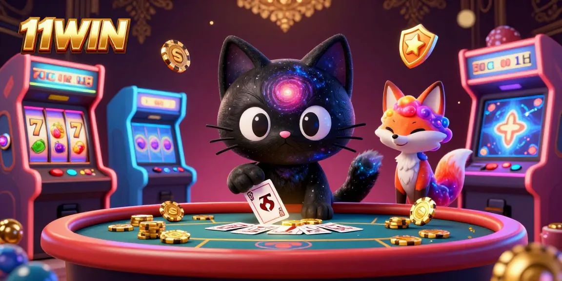 Bet at the cosmic casino with the 11WIN black hole cat capturing golden chips and cards.